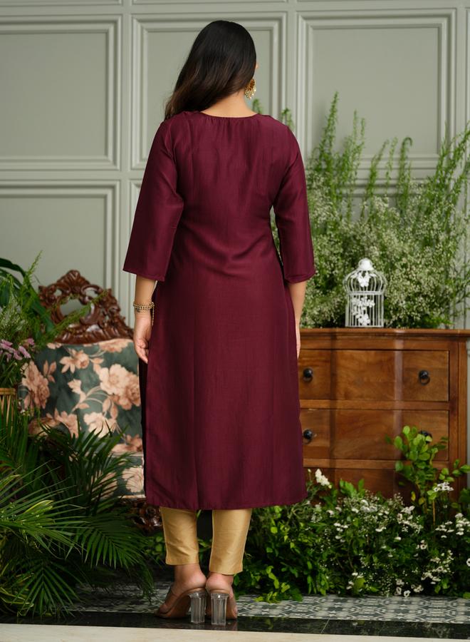 DW Women Floral Embroidered Sequined Raw Silk Kurta - Image 4